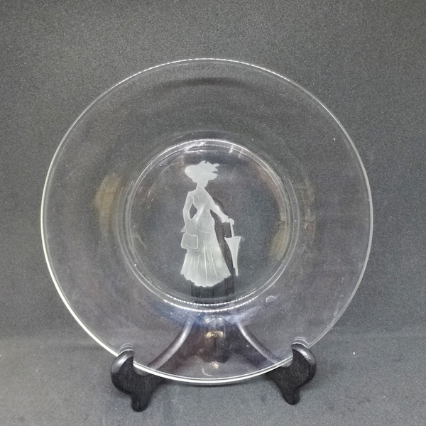 1971 AVON Representative Christmas Gift Clear Glass Plate, Etched Victorian Lady, 7 7/8 Inch Diameter, Collectible Plate