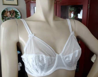 1990s Victoria's Secret Sexy Bra, White with Faux Stays Satin & Net Cups, Size 36B, Underwire, No Padding, Adjustable Straps, Lingerie