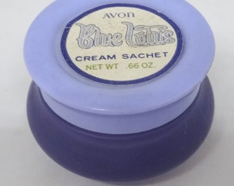 1968-72 AVON Blue Lotus Cream Sachet Jar ONLY, .66 oz., NO Content, Blue Frosted Jar with Blue Lid, Still Smells Strong Inside, Fragrance