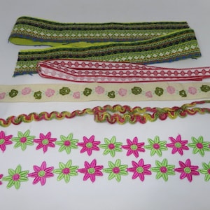 6 peças de acabamento bordado e chenille, várias larguras, comprimentos, acabamento de noções de costura vintage