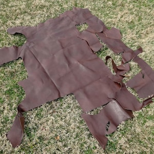 Cuero de vaca, curtido y teñido de marrón, 40 x 30 pulgadas más 6 trozos, granulado, gamuza de un lado, carteras, ropa, sombreros, zapatos, bolsos de mano, costura