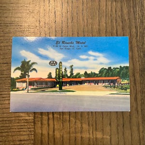 Pocztówka z lat 50. XX wieku El Rancho Motel, San Diego, Kalifornia, nieopublikowana, zatwierdzona przez AAA, znajduje się pod adresem 7130 El Cajon Blvd, pamiątka z podróży, upcykling