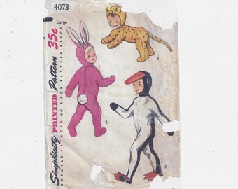 Simplicity 4073 Pattern for Boys' & Girls' Fancy Dress Costume w/ Head Piece, Rabbit, Cat, Duck, Size Large 10-12, From 1950s,