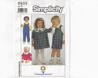 Simplicity 8933 Pattern for Toddlers' Dress & Overalls, Size 2, From 1990s, Florence Eiseman American Designer, Home Fashion Sewing