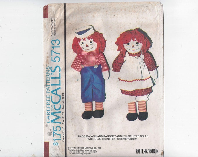Mccall's 5713 Pattern for Raggedy Ann &amp; Andy Stuffed Dolls, From 1977 ...