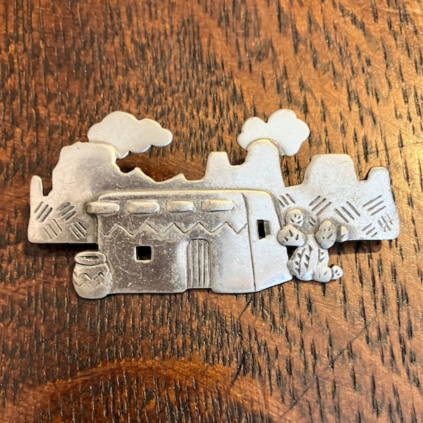 Signed JJ Jonette Jewelry Co. Brooch or Pin, 1988 Southwest or Mexican Adobe Theme, Pewter,  2.5 In. Wide x 1.25 In Tall, Costume Jewelry