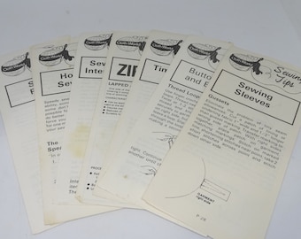 8 Cloth World Sewing Tips Pamphlets, Zippers, Finishing, Fast Sewing, Interlock Knits, Sleeves, Ribbing, Hems, Buttons, Buttonholes, 1980s