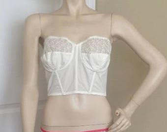 1960s Long Line White Bra by Kayser, Size 40B, Strapless, Lace, Underwire, Boning, Nylon, Vintage Clothing Lingerie, Brassiere