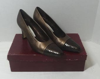 1990s Vintage Etienne Aigner Bronze FAB Shoes, Box, Made in Spain, Size 7.5 Narrow, 3 In. Heels, Leather Uppers, Vintage Shoes, Clothing