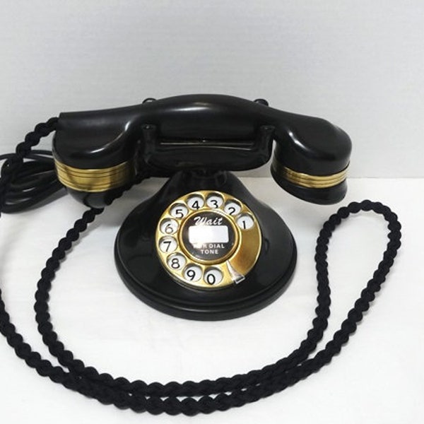 1948 Monophone Rotary Dial Telephone, Black Bakelike & Brass, Automatic Electric, Braided Cloth Cords, Vintage Technology, Pristine Clean