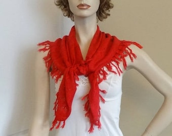 1970s Woven Red Scarf with Knotted Fringe, 36 x 33 Inches, Vintage Fashion Clothing Accessory, Rayon, Metallic, Christmas