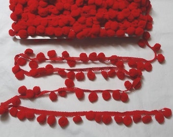 RED Pom Pom Fringe Trim, 1/2 Inch Ball, 10 mm Ball, BY the YARD, Sewing Projects, Crafts, Pillows, Curtains, Costumes, Home Sewing Trim