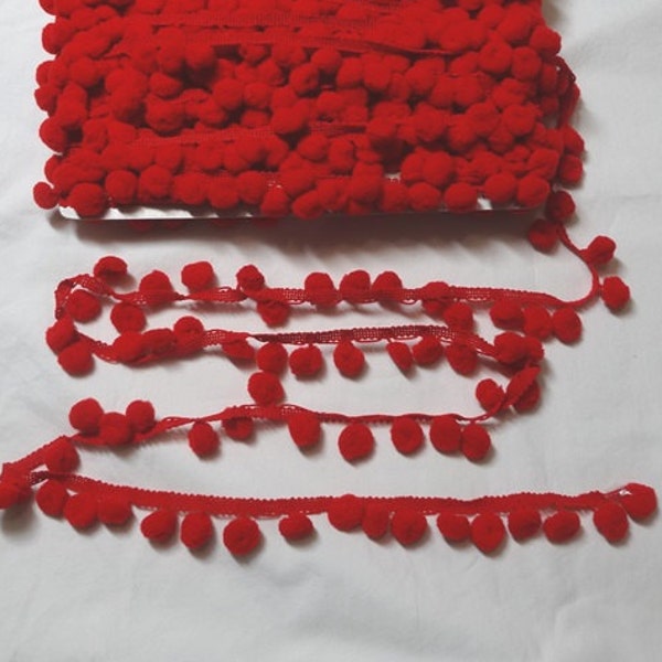 RED Pom Pom Fringe Trim, 1/2 Inch Ball, 10 mm Ball, BY the YARD, Sewing Projects, Crafts, Pillows, Curtains, Costumes, Home Sewing Trim