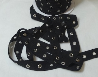 3/4 Inch Black Eyelet Grommet Twill Tape, Nickel Eyes, 3/16 In. Inside Eyelet, BY the YARD, 1 In. Spaced, Lace-Up Steampunk Trim Home Sewing