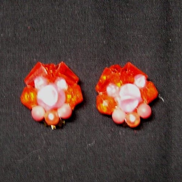 1950s Clip On Earrings, German Beaded Button Style, Orange and Peach Beads, Mid Century Vintage Fashion Jewelry, Epicycle