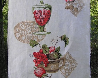 1970s Vintage Linen Tea Towel with Kitchen Decor in Red, Tan, and Green, Grapes, Apples, Peaches, Sugar Bowl, Nuts, Candy Jar, 27.25 x 15.5