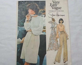 Vogue 1084 Patrón del diseñador estadounidense Stan Herman, Traje de misses, Falda, Pantalones, De la década de 1970, Talla 10, Vogue Americana, Patrón vintage