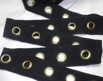 Jumbo Black Eyelet Grommet Twill Tape, GOLD Eyes, 1 3/8 In. Wide, 3/8 In. Eyelet, BY the YARD, Lace-Up Garment, Steampunk, Lingerie, Trim