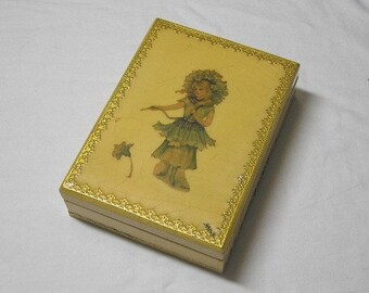 Vintage 1971 Small Decoupage Jewelry or Trinket Box with Art by M Dulk, Signed by Maker, Cute Box for Storage with Victorian Lady on Front