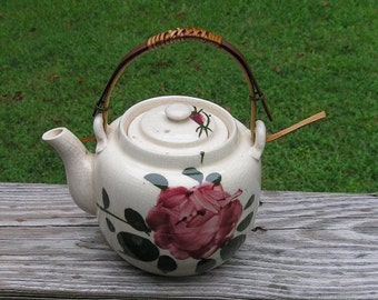 Hand Painted Tea Pot with Lid from Japan, Wood Handle, 1940s 1950s Vintage, Pink Tones Flower & Green Leaves, Upcycle Pottery Ceramics Gift