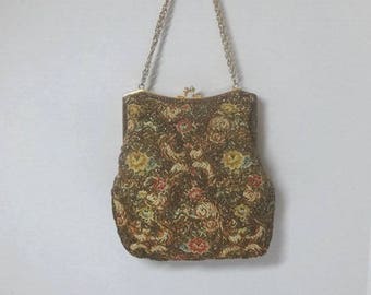 1960s Tapestry & Beaded Evening Purse or Bag by Walbaeg, Floral Needlepoint, Hand Beaded in Hong Kong, Vintage Purses, 1960s Fashion Purse