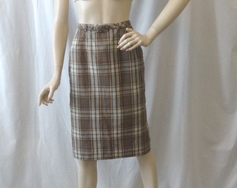 1960s Jantzen Pencil Skirt, Lined, Size 12, Brown & Tan Plaid with Turquoise, Self Belt, All Cotton, Side Zipper, Vintage Clothing