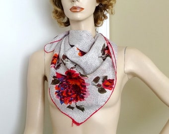 Red Tones Floral Scarf, Circa 1960s in Silk Blend, 30 Inches Square, Large Print Flowers, Vintage Fashion Accessory, Hand Rolled Hem