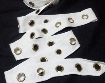 Jumbo WHITE Eyelet Grommet Twill Tape, GOLD Eyes, 1 3/8 In. Wide, 3/8 In. Eyelet, By the YARD, Lace-Up Garment, Steampunk, Lingerie, Trim