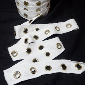 Jumbo WHITE Eyelet Grommet Twill Tape, GOLD Eyes, 1 3/8 In. Wide, 3/8 In. Eyelet, By the YARD, Lace-Up Garment, Steampunk, Lingerie, Trim