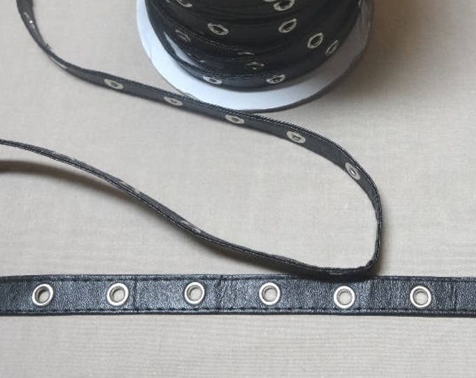 Black Pleather Eyelet Grommet Tape, 1/2 Inch, 3/16 Inch Inside Nickel