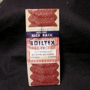 Vintage 1950s Package Boiltex or  Metallic Rick Rack in Pink or Red, 3 Yards of 1/2 Inch, Vintage Packaged Sew Notion, 50/50 Cotton Metallic