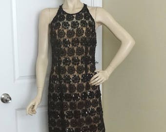 1990 Black Beaded Lace Dress by Nipon Night, Size 12, Beige Lining, Sequins, Cocktail Party Style, Vintage Clothing, 1990s Fashion