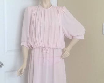 1980s Fashion Dress by Monica Richards, Pale Pink Pleated Bodice, Vintage Clothing, Sheer Fabric, Size 12-14, Cocktail Party