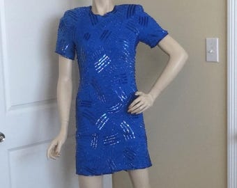 1980s Silk Sequin Mini Dress, Royal Blue Party Costume (Size 6P)