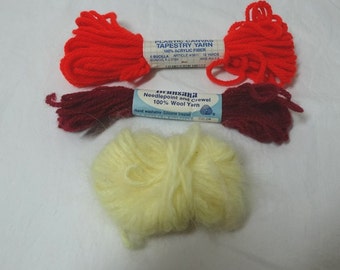 3 Assorted Skeins of Needlework Yarn for Canvas Work, Cross Stitch, Tapestry, Crewel, Brunsana Wool, Bucilla Acrylic, & Unknown, Vintage 80s