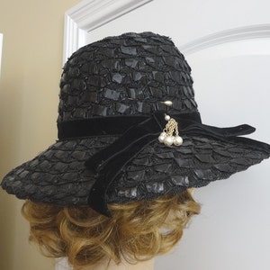 Black Woven Straw Hat with Velvet Ribbon, 3.25 Inch Brim, Jewelry Accent, 21.5 In. Cir. Ladies&#39; Fashion Millinery, 1969 Vintage,