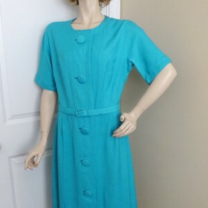 1950s Nelly Don Dress in Turquoise Rayon Nubby Fabric, Size 18, Belted, Covered Buttons, Wiggle Wear, Vintage Fashion Clothing