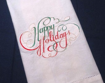 2 Mismatched Christmas Holiday Linens, Roll Warmer, Happy Holidays Place Mat, Machine Embroidery, Vintage Linens, Vintage Christmas, Upcycle