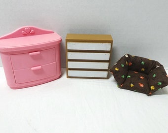 Doll House Furniture by Fisher Price and Arco, 3 Mis-Matched Pieces, 2 Dressers & Arm Chair Cushion, Vintage Toy Child Play, Collectible