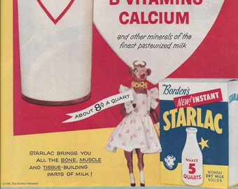 REDUCED - Sale. 1956 Color Magazine Ad for Starlac Instant Milk by Borden featuring Cute Cow, from Woman's Home Companion, Advertising