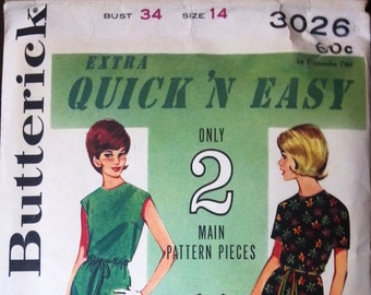 Butterick 3026 Pattern for Misses' Quick 'n Easy Dress, Size 14, Circa 1960s, 2 Main Pattern Pieces, Vintage Pattern, Home Sewing Pattern