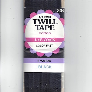 1970s Packaged Twill Tape in WHITE by J & P Coats, 3 Yard Package, 1/2 Inch Wide, COTTON, Home Sewing Notions, Trim