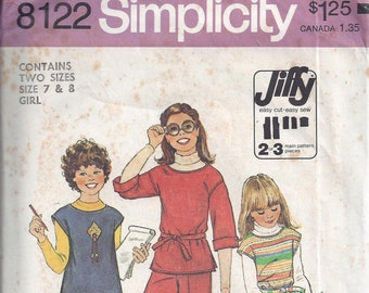 Simplicity 8122 Pattern for Girls' Pullover Top and Pants, Jiffy Pattern, Sizes 7 & 8, From 1977, Vintage Pattern, Home Sewing Pattern