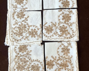 Set of 6 Vintage Linen Cocktail Napkins with Gold Embroidery, Tea Time, Bridge