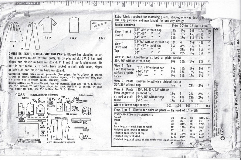 Simplicity 4085 Pattern for Chubbies' Skirt, Blouse, Top, Pants, Size 8 ...