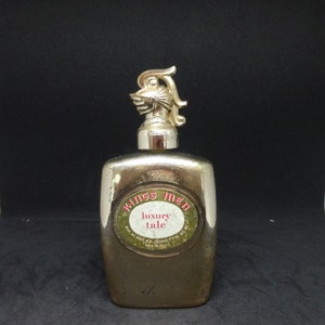 1970s-1980s Kings Men Luxury Talc Powder in Gold Painted Glass Bottle, 2.5 oz. Full Content, Made in USA, Vintage Men&#39;s Vanity Product