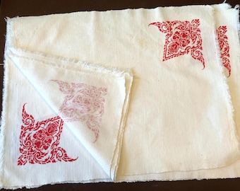 Set of 8 Vintage Thai Placemats Featuring a Deity or Angel in Red, Cotton Linens