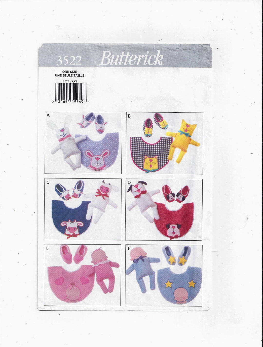 Butterick 3522 Pattern for Baby Bibs, Dolls, Slippers, From 1994, Bunny ...