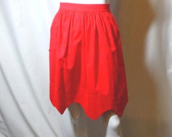 1960s Apron in Red Cotton, Christmas or Valentine Wear with Scalloped Hem, Vintage Kitchen & Farm Linens Upcycle Textiles