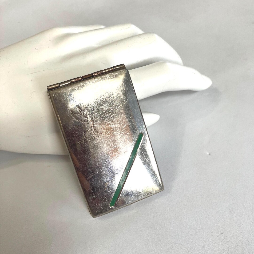 Art Deco Rouge & Powder Double Compact With Content, Puffs, Mirror, Dog ...